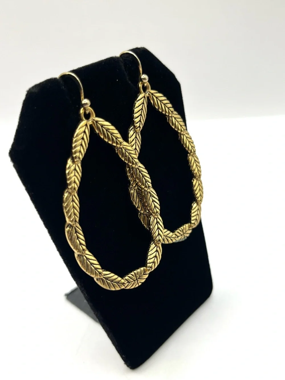 Barse Teardrop Leaf Link Earrings Gold Vermeil 925 Sterling Silver Hoop Large - Picture 2 of 14